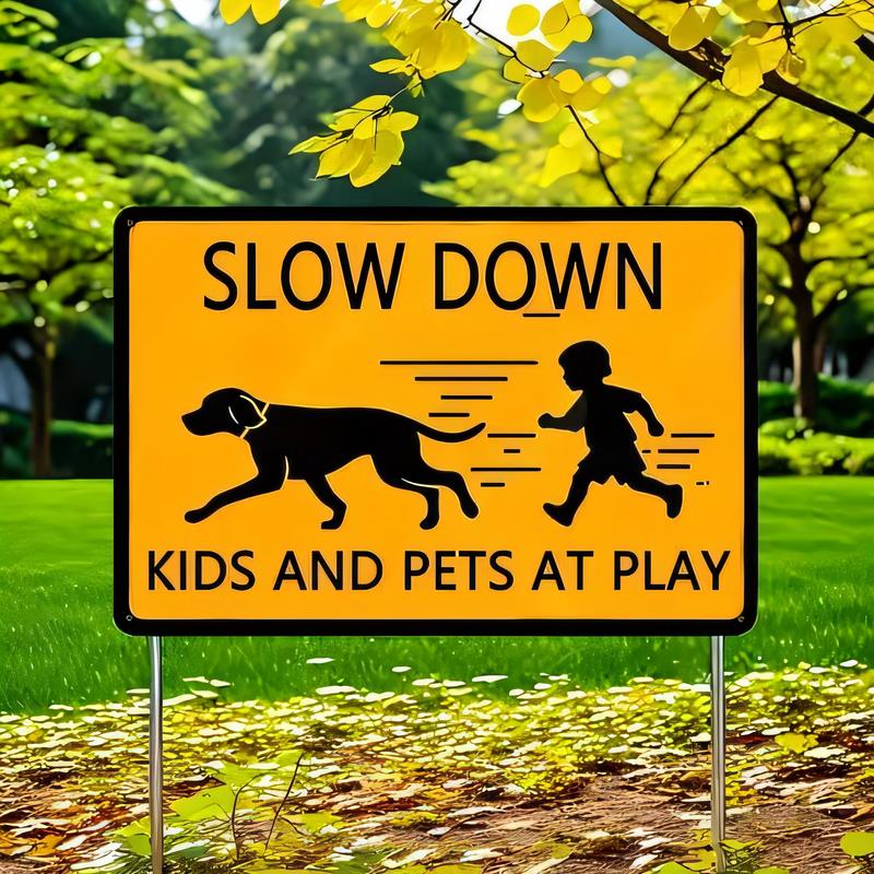 Kids Outdoor Yard - Yellow Metal Slow Down Sign -